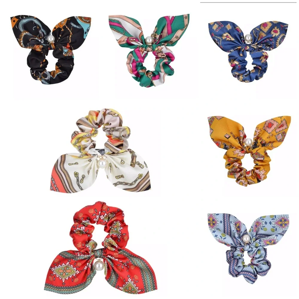 NEW Chiffon Bowknot Scrunchies w/ Faux Pearl